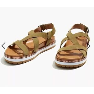 Madewell Boardwalk Lugsole Strappy Sandals Green Tan Leather Platform Womens 8